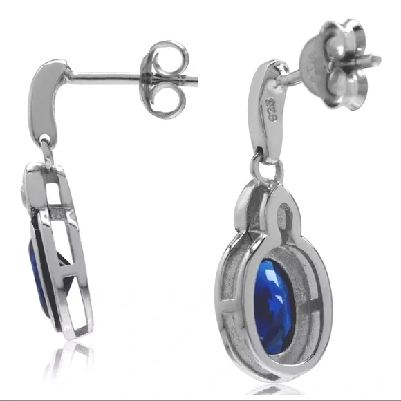 New Sapphire Water Drop Dangle Post 14K & Sterling Silver .925K Earrings - Picture 4 of 6